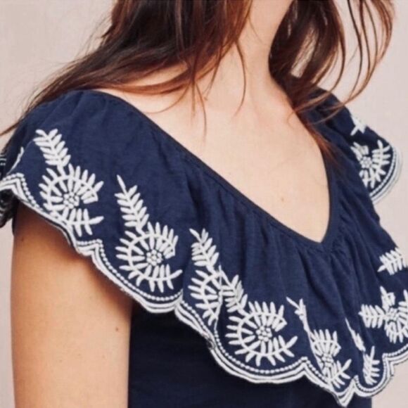 Anthropologie Moulinette Soeurs Embroidered Nautical Navy Sz Medium Top - Picture 2 of 9